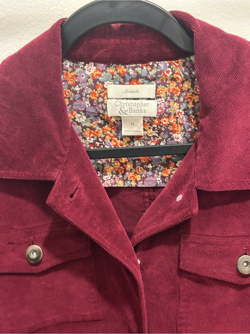 Christopher & Banks Corduroy Jacket in Burgundy with Floral Lining